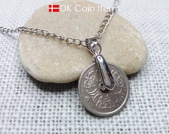 Denmark 1 Krone Coin Pendant Necklace: Crown M Monograms