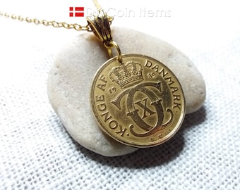 Denmark 1939 Coin Necklace - Royal Crown C Initial Pendant - Antique Golden 2 Kroner
