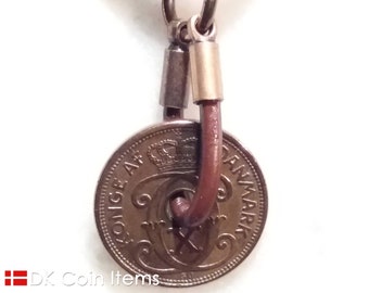 Denmark 1927 coin necklace with a 95 year old copper bronze 1 ore coin with C initial and Crown. Antique 95th birthday gift. Danish souvenir