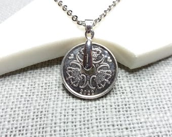 Danish 2 Kroner Coin Necklace: M Monograms Crowns Hearts, Vintage Souvenir