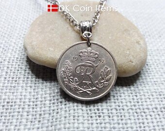 Danish 1957 Coin Necklace - Vintage 25 Øre Pendant - Crown R Monogram