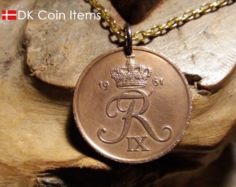 Crown R initial 1961 coin necklace. 62 year old Danish 5 ore as coin pendant. Unique 62nd birthday anniversary gift. Cord/chain options.