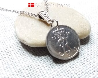 Denmark 25 Øre 1966 Coin Necklace - Crowned R Initial Pendant - Vintage Souvenir