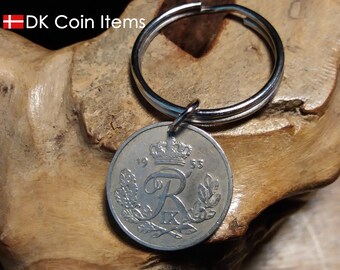 Denmark 1953 coin keychain. Crown R initial charm. 70 year old 25 ore as keyring coin pendant. 70th birthday anniversary gift. Souvenir gift