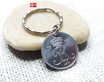 Denmark 1971 Coin Pendant Keychain - Crown R Initial - Vintage 2 Øre