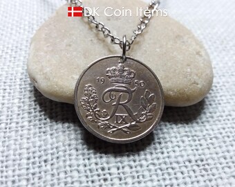Denmark 1951 coin pendant necklace - Crown R Initial - Danish vintage 25 ore - 75th birthday gift