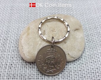 Danish 1952 coin pendant keychain: Vintage 25 Øre, Crown R Monogram
