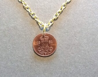 1981 coin necklace. Danish coin pendant. Genuine 41 year old 5 ore. M Initial coin. Denmark crown coin. 41st birthday gift. Cord options.