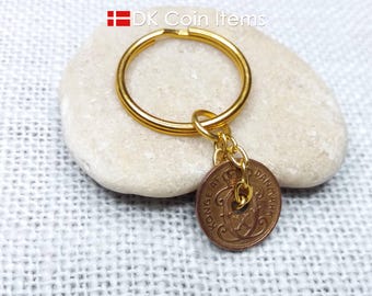 Denmark 1937 coin pendant keychain: Crown C-monogram - Antique Danish 1 ore coin - Souvenir gift - 88th birthday gift - 1st anniversary