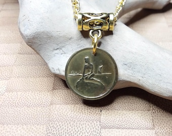 Little Mermaid Coin Necklace – Denmark Copenhagen Token Pendant, 1966-1967
