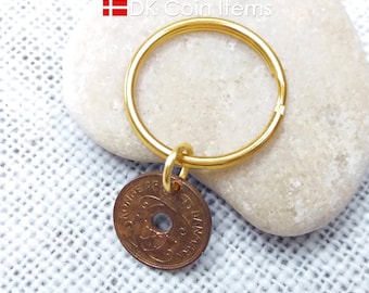 Denmark 1940 Coin Pendant Keychain - Crown C Initial - Antique 1 Øre