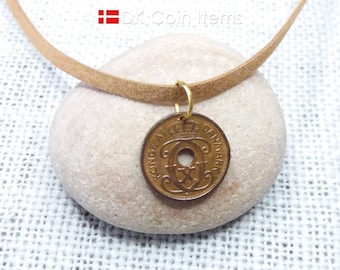 Denmark 1940 Coin Pendant Necklace - Crown C Initial - Antique Copper 1 Øre