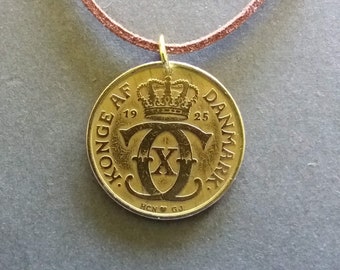 1925 coin necklace. Danish coin pendant. Genuine 97 year old 2 krone. C initial coin. Antique crown coin. 97th birthday gift. Cord options.