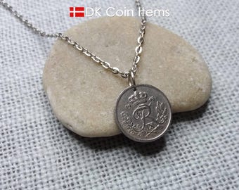 Denmark 1948 coin pendant necklace: Crowned R-monogram - Danish vintage 10 ore souvenir - 77th birthday gift - 10th anniversary