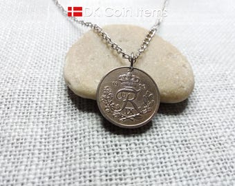 Denmark 1950 Coin Pendant Necklace - Crown R Initial - Vintage 25 Øre