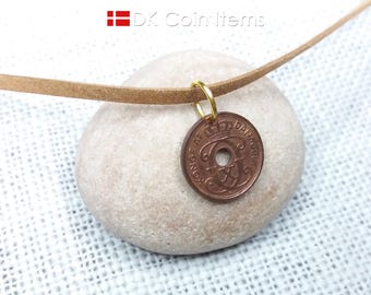Denmark 1936 Coin Pendant Necklace - Crown C Initial - Antique 1 Øre