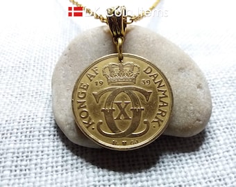 Denmark 1939 coin necklace - Royal Crown - C Initial pendant - Antique 2 kroner