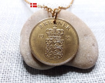Denmark 1958 Coin Pendant Necklace - Crown Royal Coat of Arms - Vintage 2 kroner