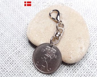 Denmark 1962 coin charm - Crowned R-monogram - Danish 25 ore coin pendant - Vintage souvenir gift - 63rd birthday gift - 25th anniversary