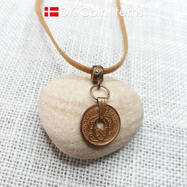 Denmark 1938 coin necklace. 86 year old coin pendant. Copper 1 ore with Crown C initial. 86th birthday gift. Antique Danish souvenir.