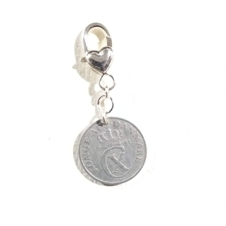 C initial 80 year 5 ore from Denmark Genuine vintage coin 1941 coin pendant charm Purse charm Authentic crown coin 80th birthday gift.