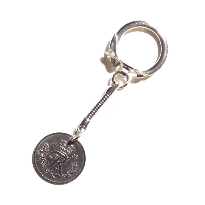 R initial coin 65 year old danish 25 ore Crown coin. 1956 coin pendant Coin keychain Genuine authentic vintage coin from Denmark