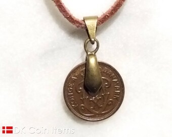 Denmark 1928 coin necklace with a 94 year old copper bronze 1 ore coin with C initial and Crown. Antique 94th birthday gift. Danish souvenir