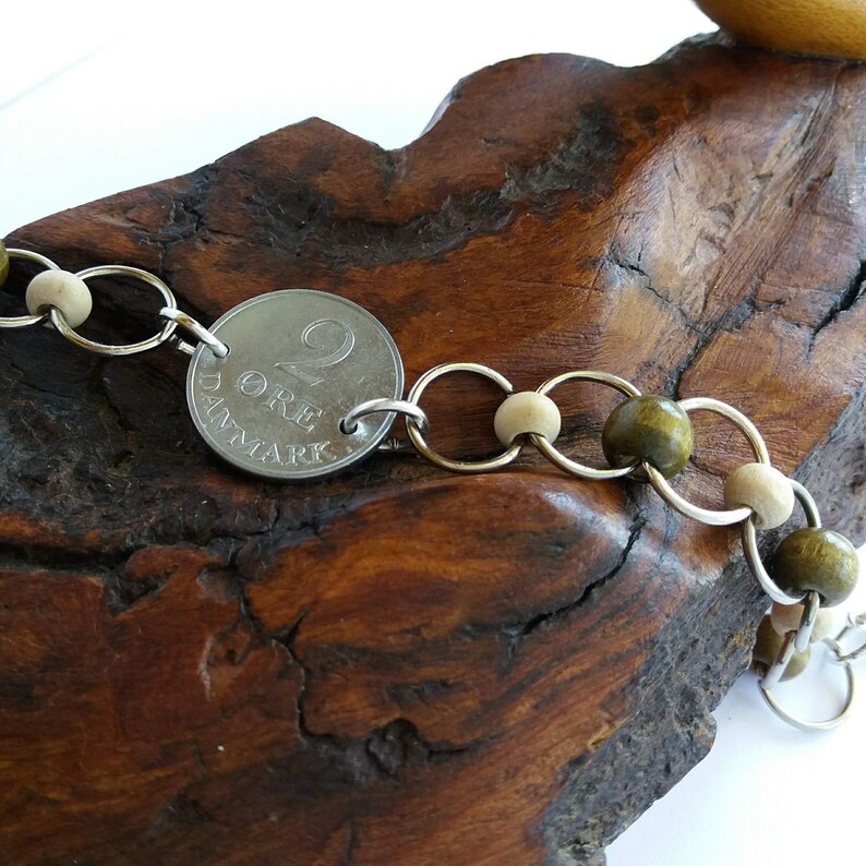 1969 coin bracelet #16y white and green wood beads silver plated rings Nice 50th anniversary gift 50 year old vintage danish 2 \u00f8re coin