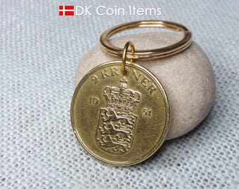 Denmark 1951 Coin Pendant Keychain - Crowned Coat of Arms - Vintage 2 Kroner