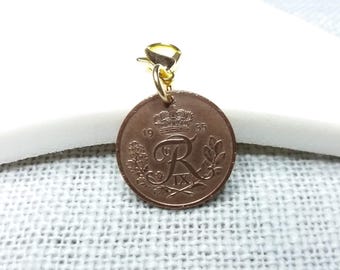 Denmark 1955 Coin Pendant Charm - Initial R with crown - Copper Plated Vintage 25 Øre