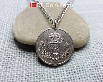 Denmark 1950 coin pendant necklace - Crowned R Monogram - Vintage 25 Øre