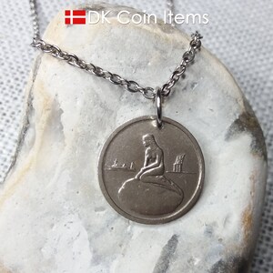 The Little Mermaid Denmark coin necklace. Copenhagen Tramways vintage fare token 1966-1967. Vintage coin souvenir gift. Chain/cord options.