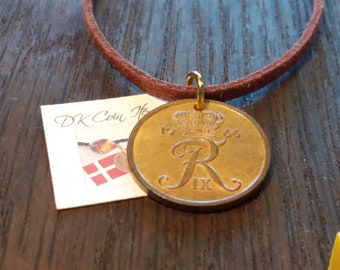Denmark 1966 coin pendant necklace. 56 year old 5 ore. Genuine Monogram R Initial Crown Souvenir Heritage Antique charm. Unique 56th gift.