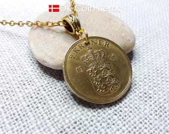 Denmark 1956 Coin Necklace - Crowned Coat of Arms - 2 Kroner Pendant