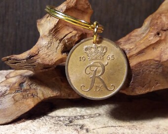 Denmark 1965 coin pendant keychain. 57 year old 5 ore. Genuine Monogram R Initial Crown Souvenir Heritage Antique charm. Unique 57th gift.