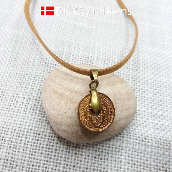 Denmark 1938 coin necklace. 86 year old coin pendant. Copper 1 ore with Crown C initial. 86th birthday gift. Antique Danish souvenir.