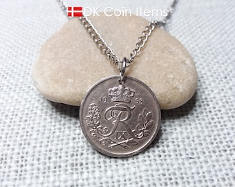 Danish 1958 Coin Pendant Necklace: Vintage 25 Øre, Crowned R Monogram