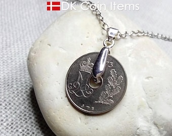 Denmark 1973 Coin Necklace - Crown M Initial - Vintage 25 Øre Pendant