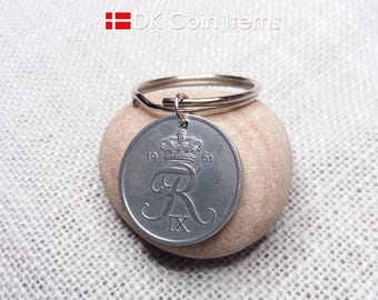 Denmark 1961 Coin Pendant Keychain - Initial R with Crown - Vintage 5 Øre
