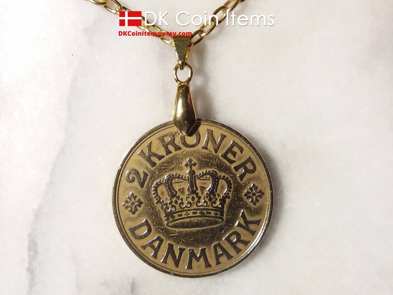 Denmark 1939 C Initial Coin Necklace. Golden Crown Coin Pendant. 85 ...