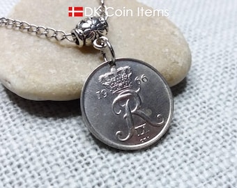 Denmark 1966 Coin Necklace - Crown R Monogram - 25 Øre Pendant - Vintage souvenir