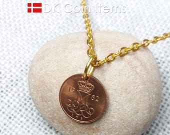 Denmark 1982 coin pendant necklace: Crown M-monogram - Vintage 5 ore - Danish souvenir - 43rd birthday gift - 5th anniversary gift