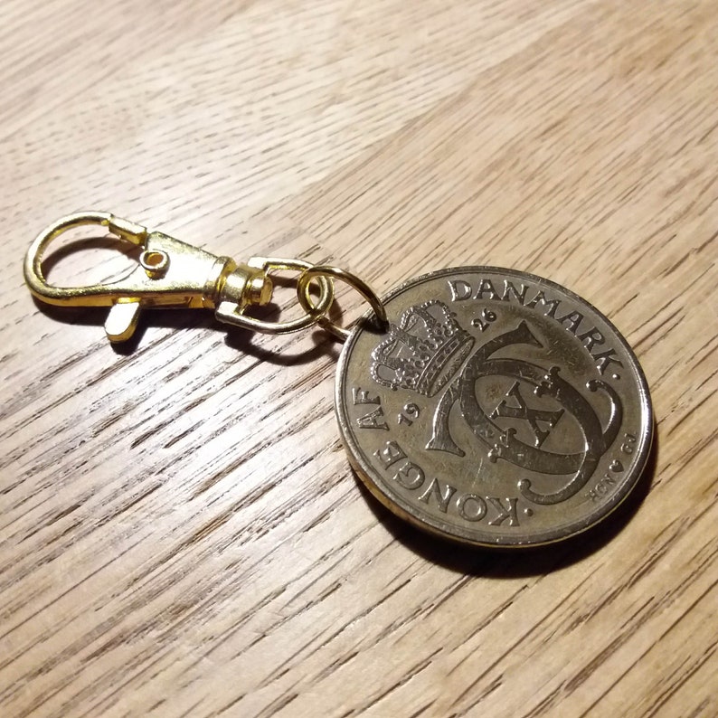 Genuine antique bronze coin 1926 coin pendant keychain Purse charm 95 year 2 kroner from Denmark Authentic crown coin charm C initial.