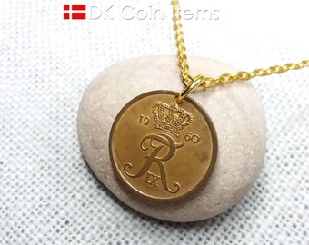 Denmark 1960 Coin Pendant Necklace - Crown R Initial - Vintage 5 Øre
