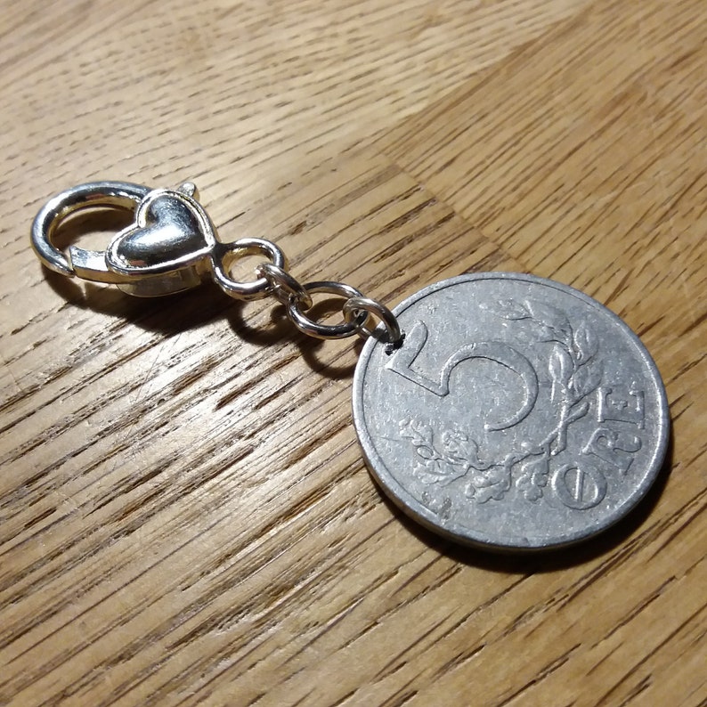 C initial 80 year 5 ore from Denmark Genuine vintage coin 1941 coin pendant charm Purse charm Authentic crown coin 80th birthday gift.
