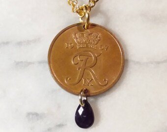 Denmark 1967 coin pendant. Crown R initial. 56 year old 5 ore as coin pendant. Necklace chain or cord option.