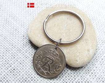 Denmark 1952 Coin Pendant Keychain - Crown R Initial - Vintage 25 Øre