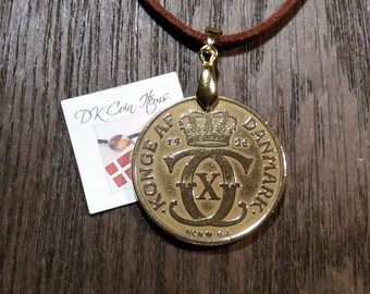 Denmark 1926 coin pendant necklace. 96 year old 2 kroner. Antique Genuine Monogram C Initial Crown Souvenir Heritage charm. Unique 96th gift