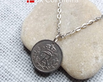 Denmark 1948 Coin Pendant Necklace - Crown R Initial - Vintage 10 Øre