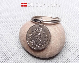 Denmark 1951 Coin Pendant Keychain - R Monogram with Crown - Vintage 25 Øre